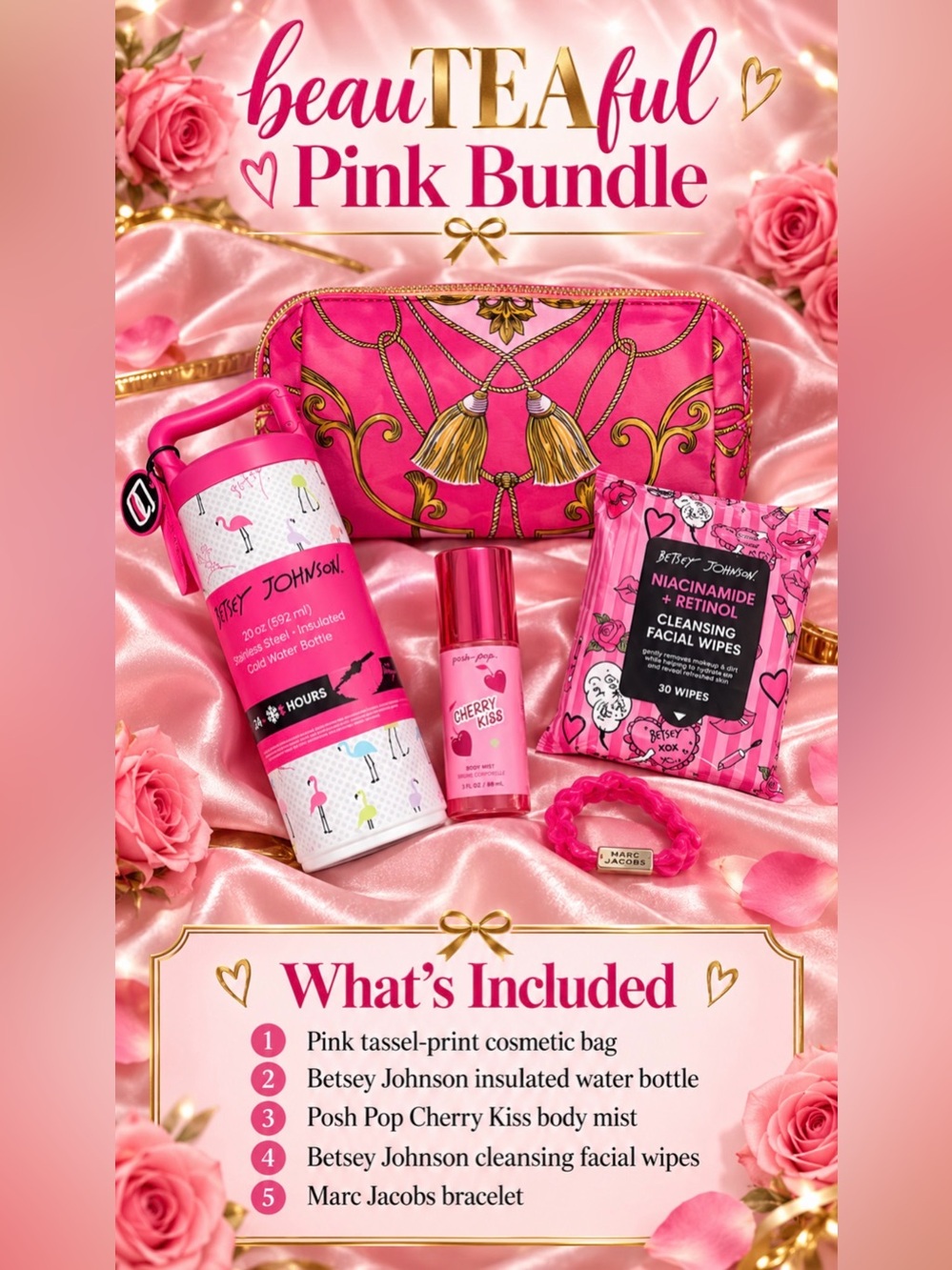Betsey Johnson Bright Pink Tassel-Print Cosmetic Pouch & Pink Beauty Set